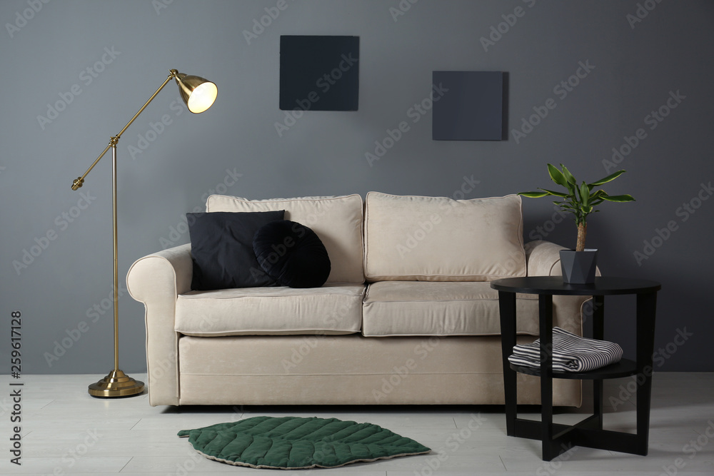 Modern living room interior with comfortable sofa - obrazy, fototapety, plakaty 