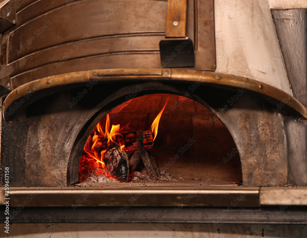 Oven with burning firewood in restaurant kitchen