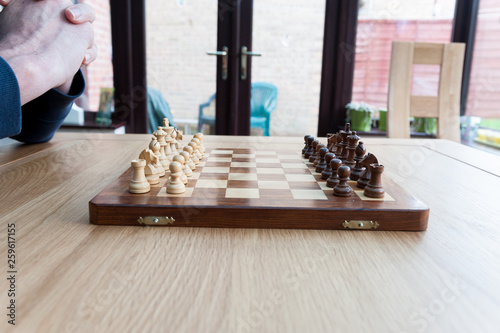chess board moves on wooden set board