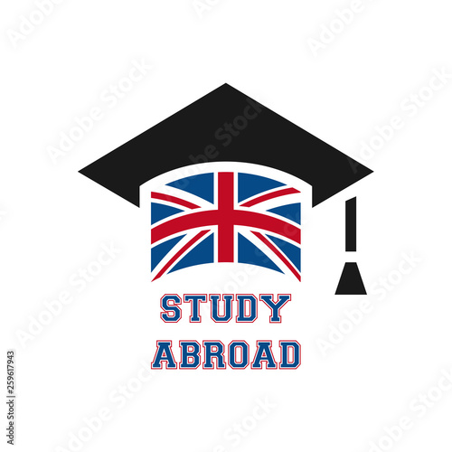 Graduate cap with stylized England flag. vector illustration. Education icon. Font STUDY ABROAD logo with english national symbol