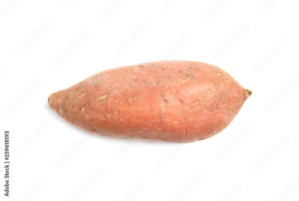 Whole ripe sweet potato on white background, top view Whole ripe sweet potato on white background, top view