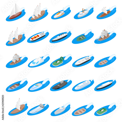 Ship icons set. Isometric set of 25 ship vector icons for web isolated on white background
