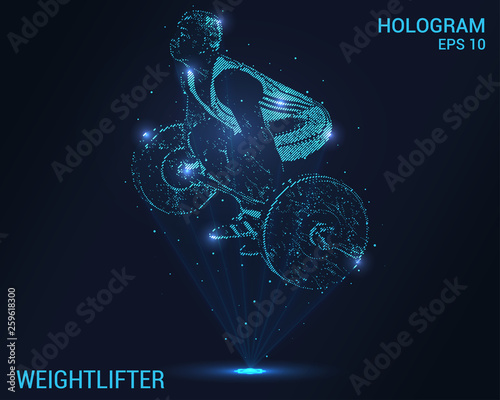 Weightlifter hologram. Holographic projection of a weightlifter. Flickering energy flux of particles. The scientific design of the weightlifter.