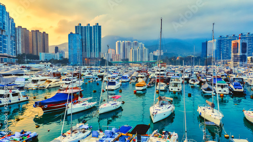 Photography Panoramic view from above of Small fishing boats near the wave barrier in aberde