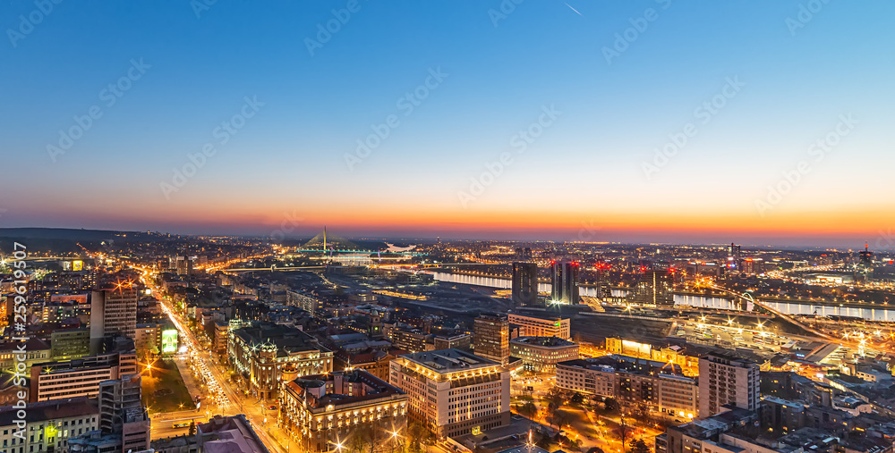 Belgrade, Serbia March 31, 2019: Panorama of Belgrade at night. Aerial Shot of Belgrade. Belgrade, Serbia March 31, 2019: Panorama of Belgrade at night. Aerial Shot of Belgrade.
