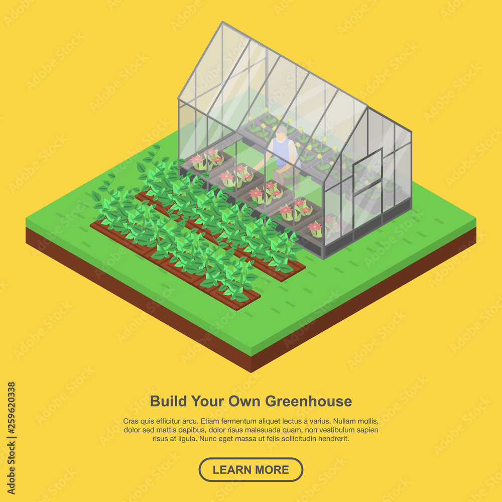Build your greenhouse banner. Isometric illustration of build your