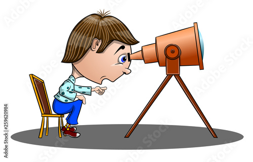 Funny surprised boy sitting on a chair and looking through a telescope, vector illustration