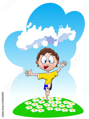 Funny cheerful boy runs and smiles across the meadow with daisies, vector illustration