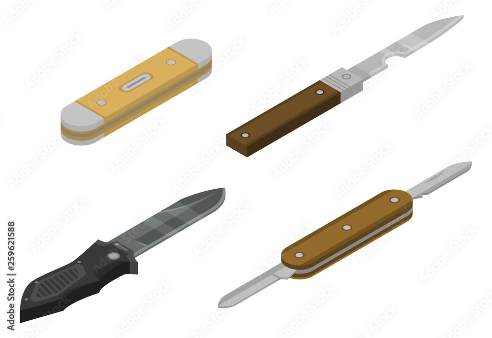 Penknife icons set. Isometric set of penknife vector icons for web design isolated on white background Penknife icons set. Isometric set of penknife vector icons for web design isolated on white background
