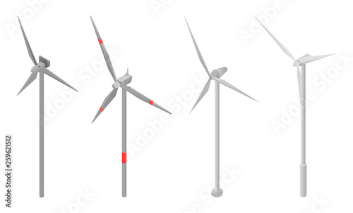 Wind turbine icons set. Isometric set of wind turbine vector icons for web design isolated on white background