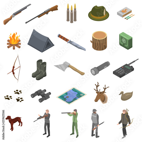 Hunting modern equipment icons set. Isometric set of hunting modern equipment vector icons for web design isolated on white background
