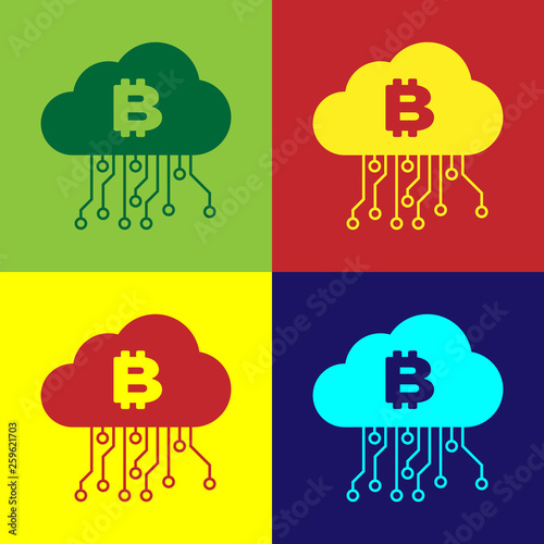 Color Cryptocurrency cloud mining icon isolated on color backgrounds. Blockchain technology, bitcoin, digital money market, cryptocoin wallet. Vector Illustration
