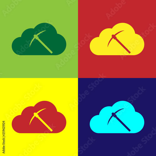 Color Cryptocurrency cloud mining icon isolated on color backgrounds. Cloud with pickaxe, bitcoin, altcoins, digital money market, cryptocoin wallet. Vector Illustration