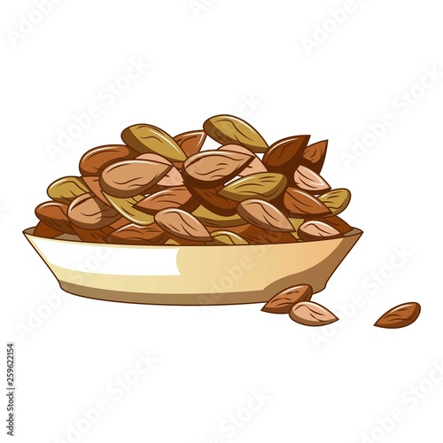 Plate of almond nuts icon. Cartoon of plate of almond nuts vector icon for web design isolated on white background