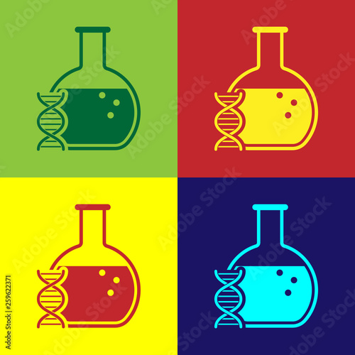 Color DNA research, search icon isolated on color backgrounds. Genetic engineering, genetics testing, cloning, paternity testing. Vector Illustration