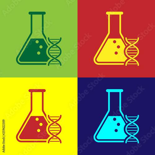 Color DNA research, search icon isolated on color backgrounds. Genetic engineering, genetics testing, cloning, paternity testing. Vector Illustration