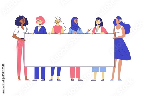 Different female activists and blank banner with copy space for text. Group of young women standing together and holding empty placard. International and interracial girls character. Woman empowerment