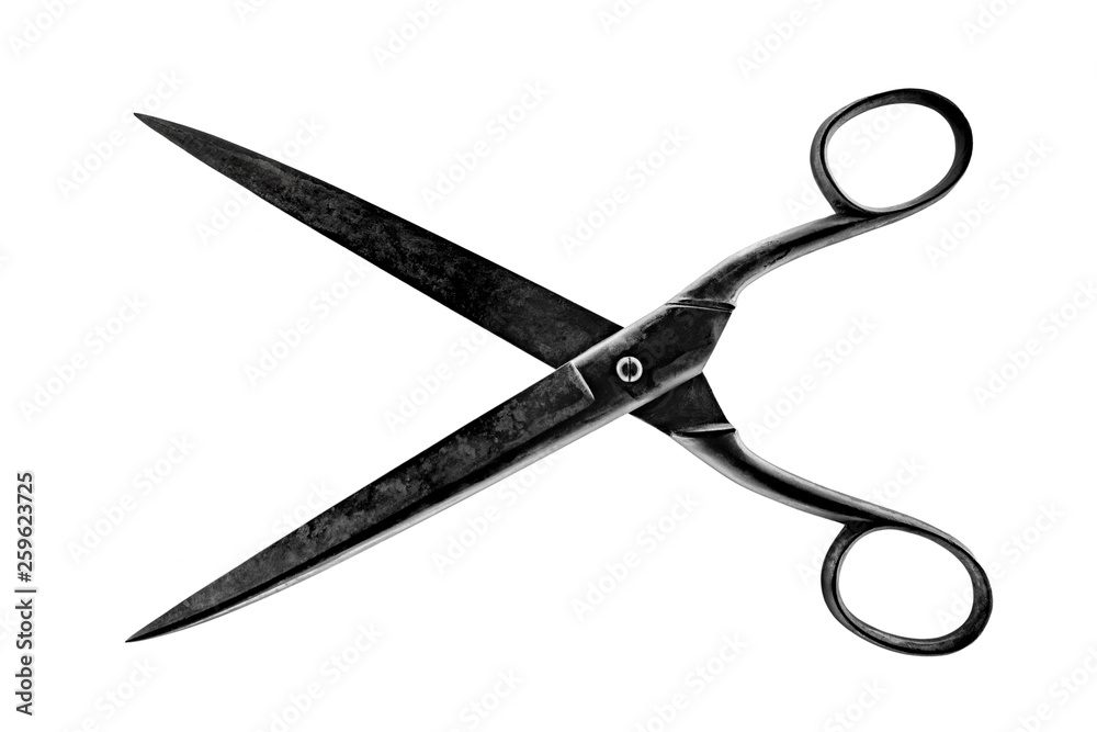 old scissors on white background