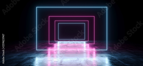 Wallpaper Mural Dark Empty Black Rectangle Frame Neon Glowing Laser Fluorescent Virtual Reality Blue Purple Vibrant Lights On Grunge Concrete Reflective Floor Empty Hall Room Tunnel 3D Rendering Torontodigital.ca