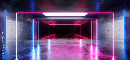 Empty Sci Fi Futuristic Concrete Hall Garage Underground Room Neon Glowing Laser Vibrant Purple Blue Rectangle Construction Fluorescent Lights Virtual Stage Dance Reflections 3D Rendering