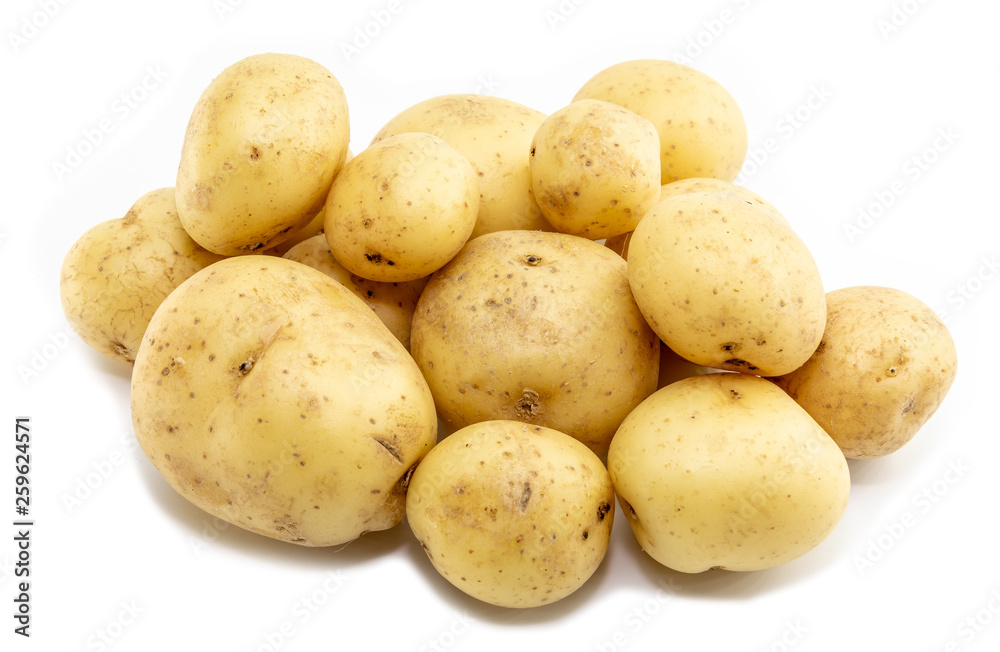 A small group of potatoes isolated on white background in triangle formation A small group of potatoes isolated on white background in triangle formation