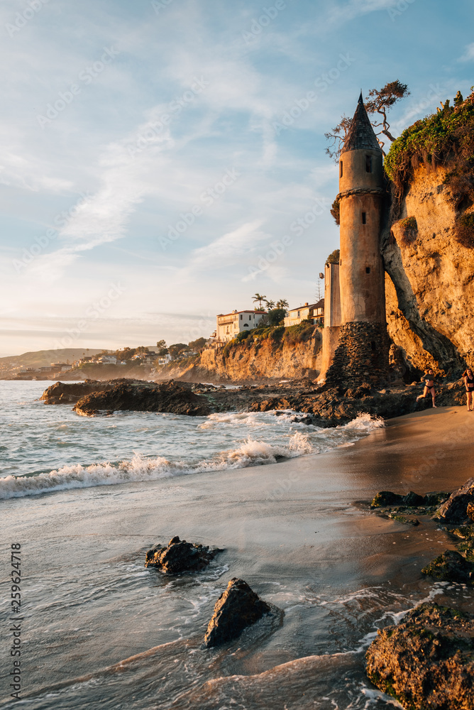 The Pirate Tower at sunset, at Victoria Beach, Laguna Beach, California