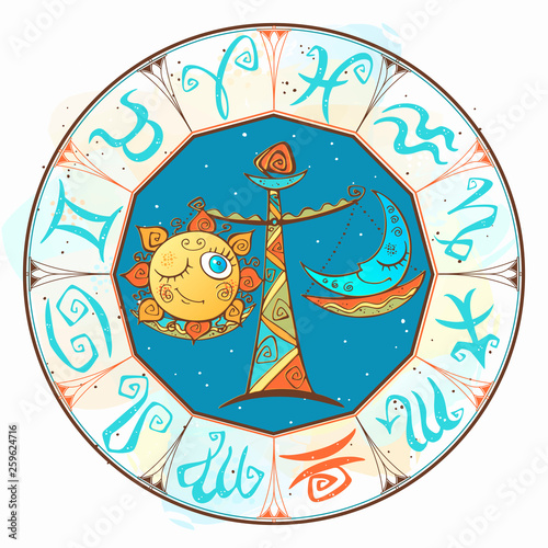 Horoscope for children sign Libra in the zodiac circle. Vector.