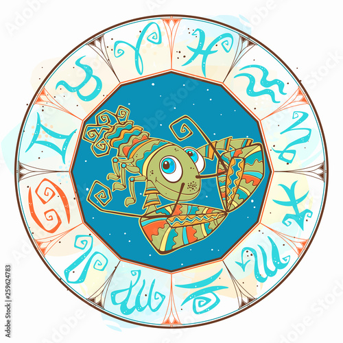 Horoscope for children sign Cancer in the zodiac circle. Vector.