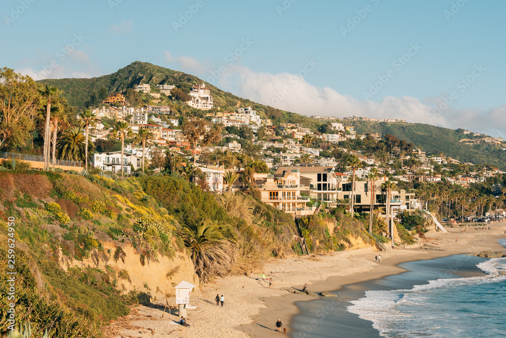 View of the beach and hills at Treasure Island Park, in Laguna Beach, Orange County, California