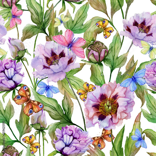 Beautiful Chinese peony with leaves and butterflies on bright pink background...
