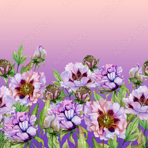 Beautiful peony flowers with green leaves on gradient background. Seamless fl...
