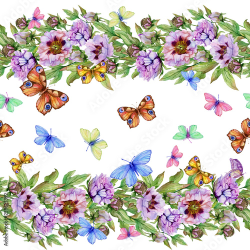 Beautiful peony flowers and bright butterflies on white background. Seamless ...