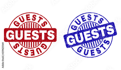 Grunge GUESTS round stamp seals isolated on a white background. Round seals with grunge texture in red and blue colors. Vector rubber imprint of GUESTS tag inside circle form with stripes.