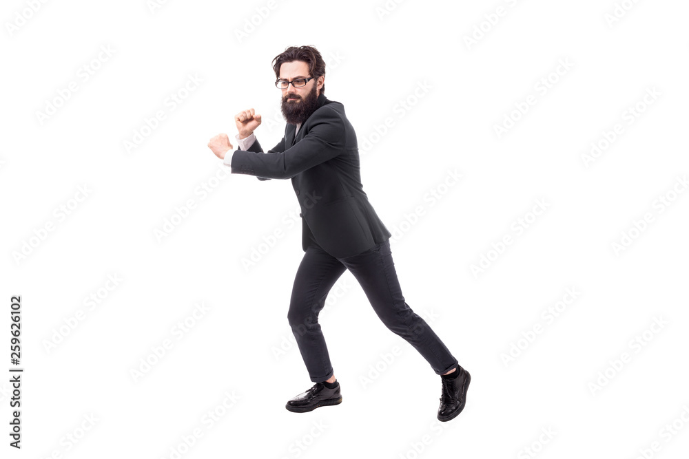 Full length portrait of a bearded businessman pulls an invisible rope, isolated on white background Full length portrait of a bearded businessman pulls an invisible rope, isolated on white background