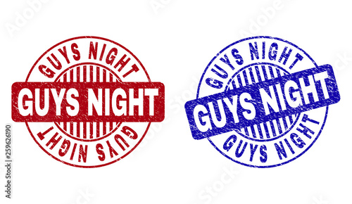 Grunge GUYS NIGHT round stamp seals isolated on a white background. Round seals with grunge texture in red and blue colors. Vector rubber imprint of GUYS NIGHT title inside circle form with stripes.