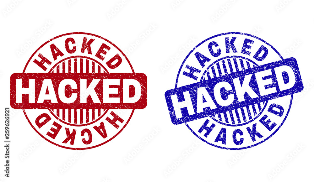 Grunge HACKED round stamp seals isolated on a white background. Round seals with grunge texture in red and blue colors. Vector rubber overlay of HACKED label inside circle form with stripes. Grunge HACKED round stamp seals isolated on a white background. Round seals with grunge texture in red and blue colors. Vector rubber overlay of HACKED label inside circle form with stripes.