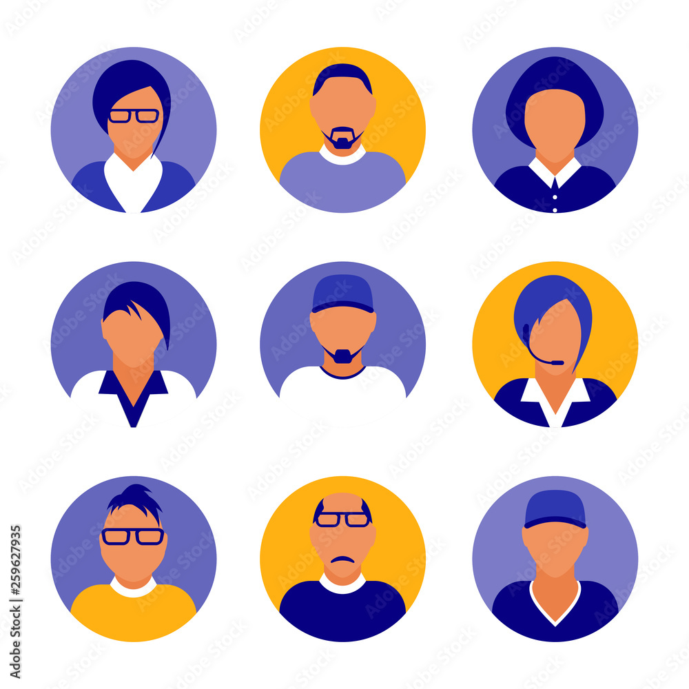 Flat modern purple minimal avatar icons. Business concept, global communication. Web site user profile. Social media, network elements. Flat modern purple minimal avatar icons. Business concept, global communication. Web site user profile. Social media, network elements.