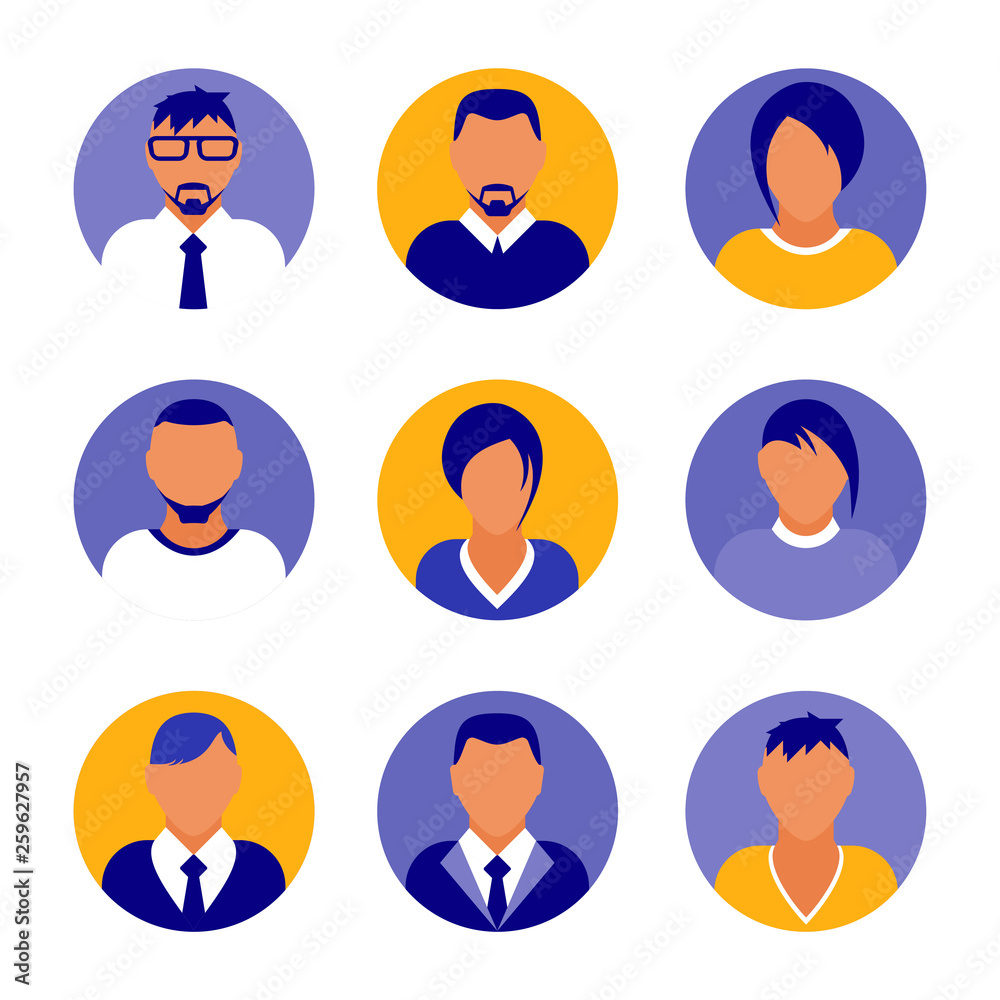 Flat modern purple minimal avatar icons. Business concept, global communication. Web site user profile. Social media, network elements. Flat modern purple minimal avatar icons. Business concept, global communication. Web site user profile. Social media, network elements.