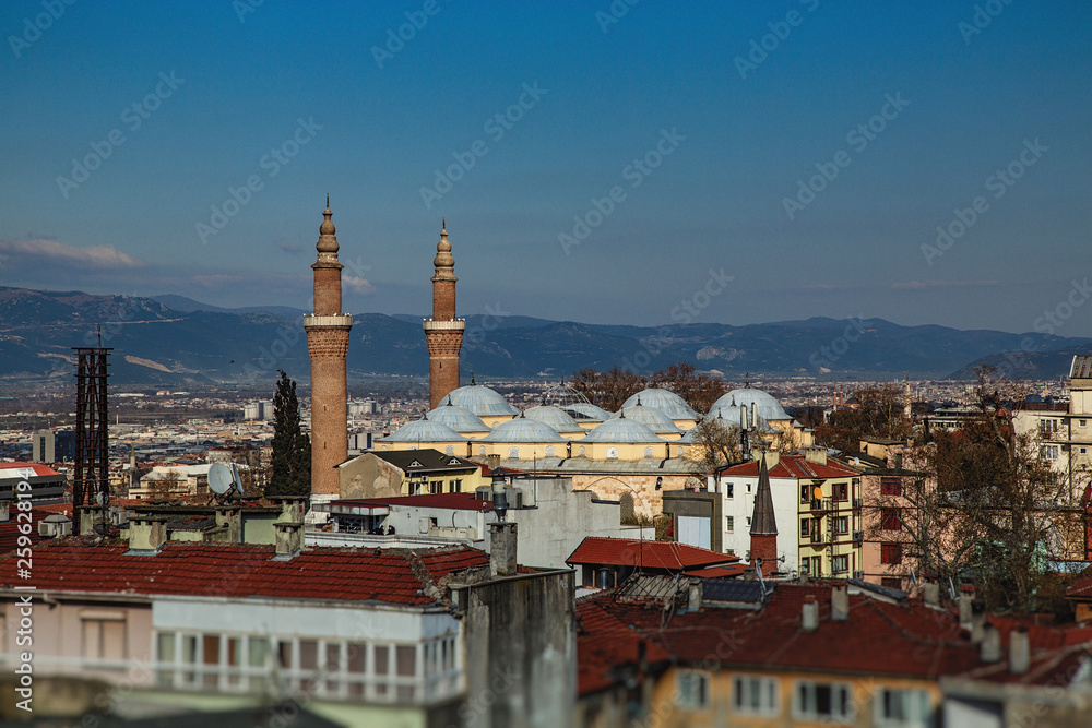 Panoramic view of historical part of Bursa, Ulu mosque and Ulu mountain on background