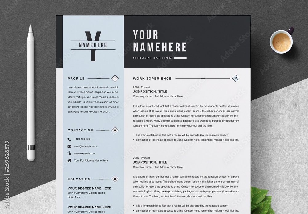 Resume and Cover Letter Layout with Sky Blue Sidebar Stock Template