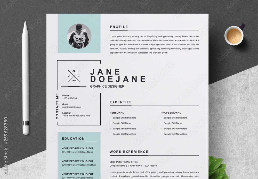 Resume and Cover Letter Layout with Sky Blue Sidebar Stock Template