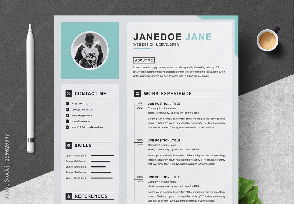 Resume and Cover Letter Layout with Gray and Sky Blue Accents Stock ...