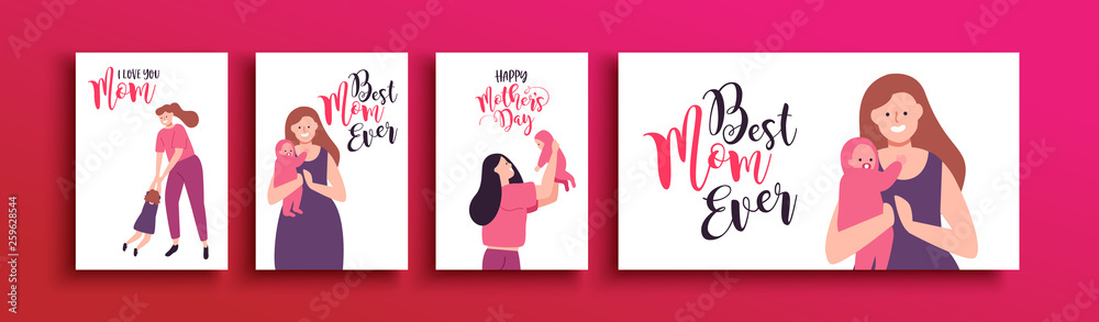 Happy Mothers Day family card set with children Happy Mothers Day family card set with children