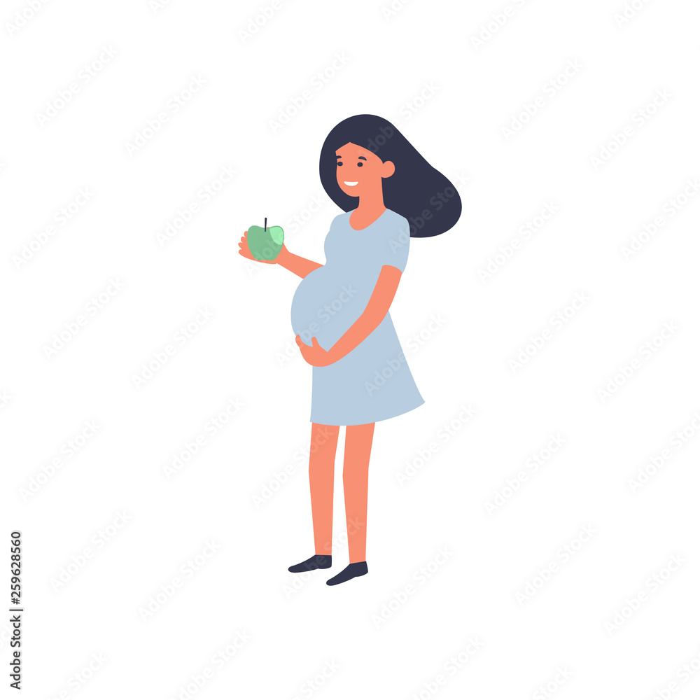 Healthy food and pregnancy concept. Pregnant woman standing with apple. Nutrition and diet during pregnancy. Flat vector illustration. Healthy food and pregnancy concept. Pregnant woman standing with apple. Nutrition and diet during pregnancy. Flat vector illustration.