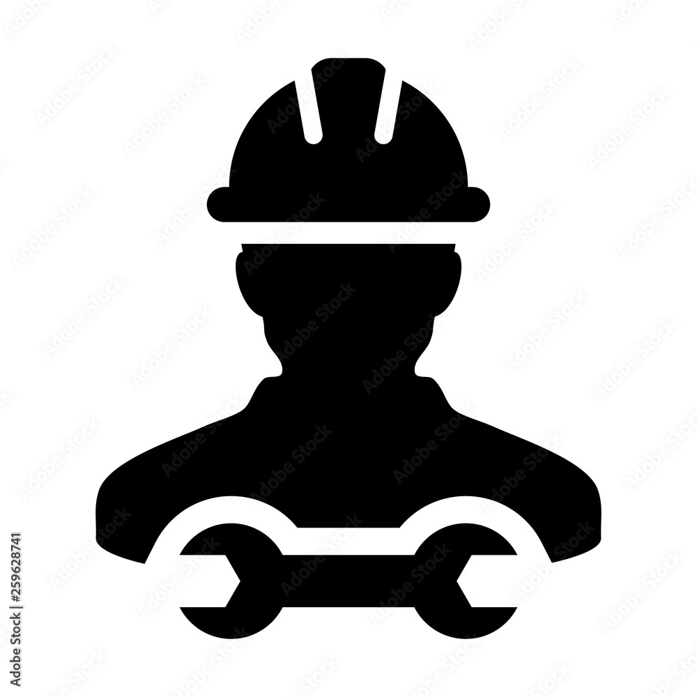 Support worker icon vector male construction service person profile avatar with hardhat helmet and wrench or spanner tool in glyph pictogram illustration