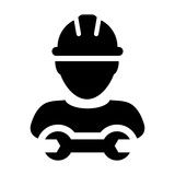 Worker icon vector male construction service person profile avatar with hardhat helmet and wrench or spanner tool in glyph pictogram illustration