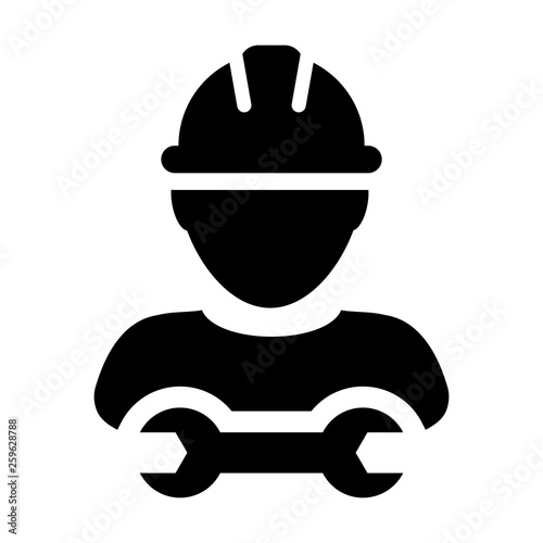 Worker icon vector male construction service person profile avatar with hardhat helmet and wrench or spanner tool in glyph pictogram illustration
