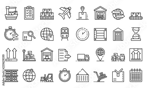 Goods export icons set. Outline set of goods export vector icons for web design isolated on white background