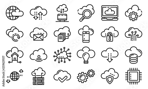 Cloud technology icons set. Outline set of cloud technology vector icons for web design isolated on white background