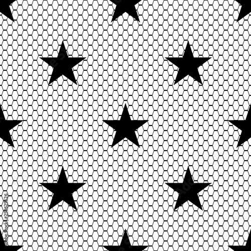 Seamless black vector lace pattern with stars on white background.  